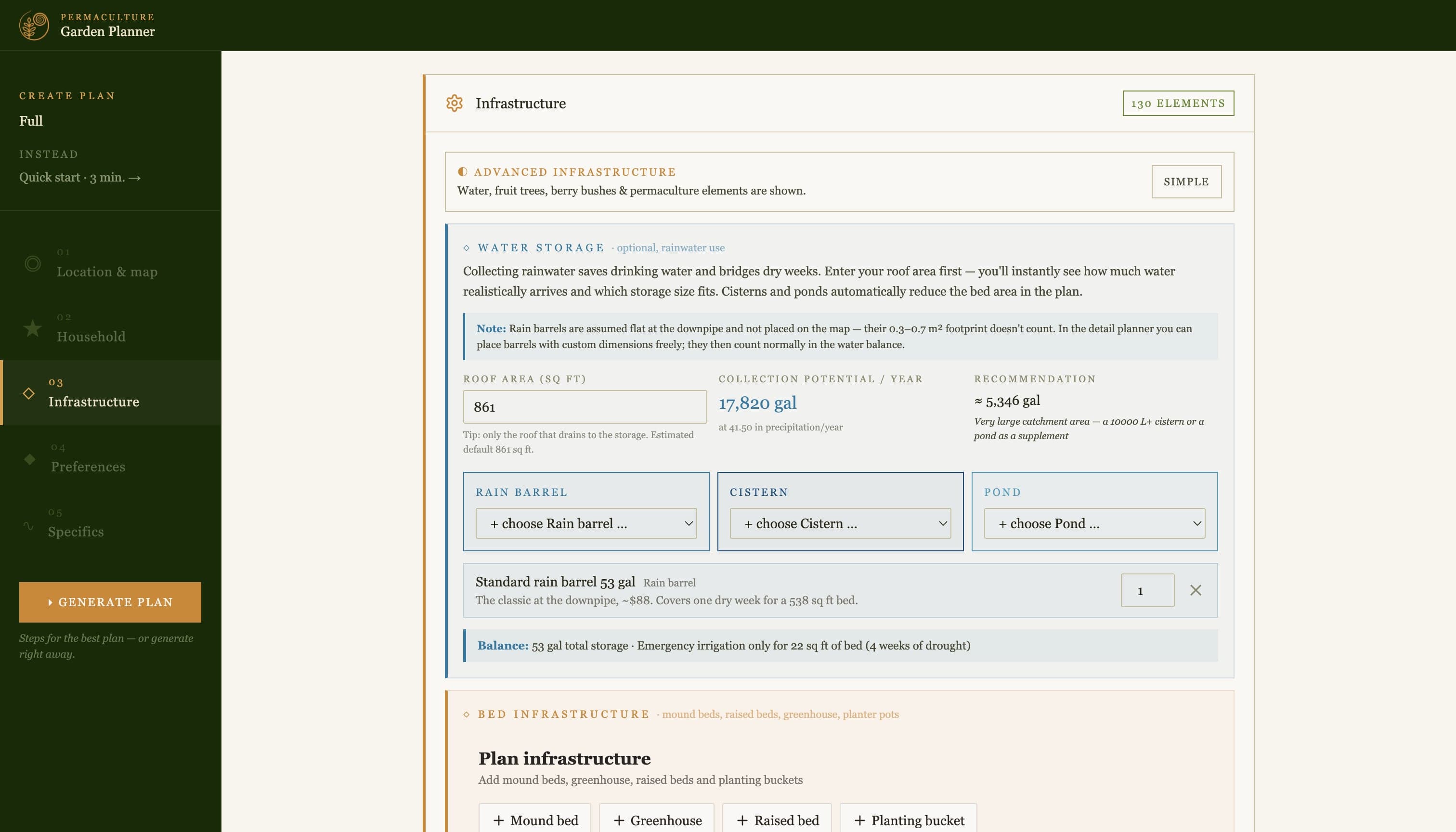 Planner — infrastructure (beds, greenhouse, raised beds, fruit trees)