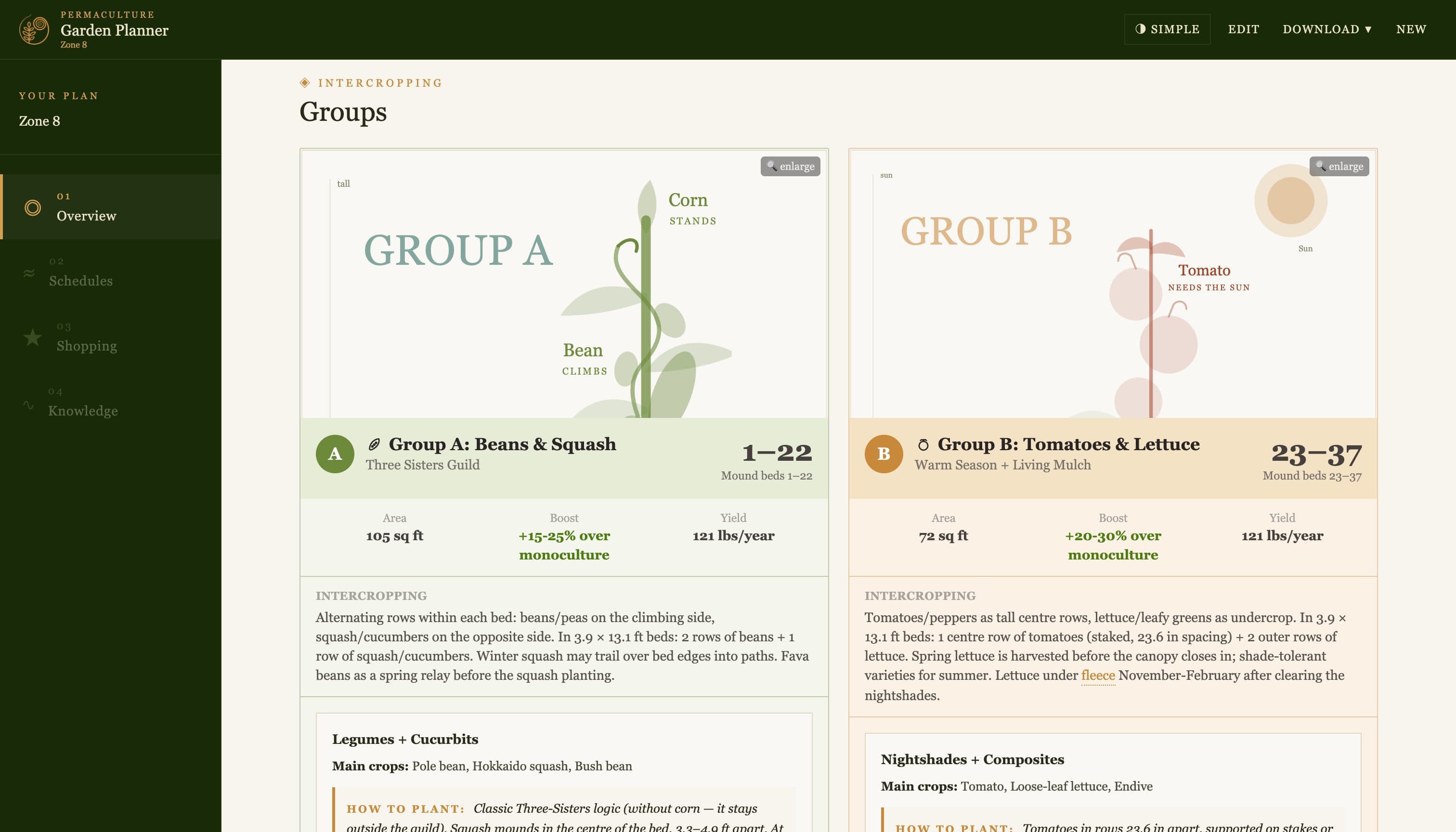 Garden plan — companion-planting groups A–D